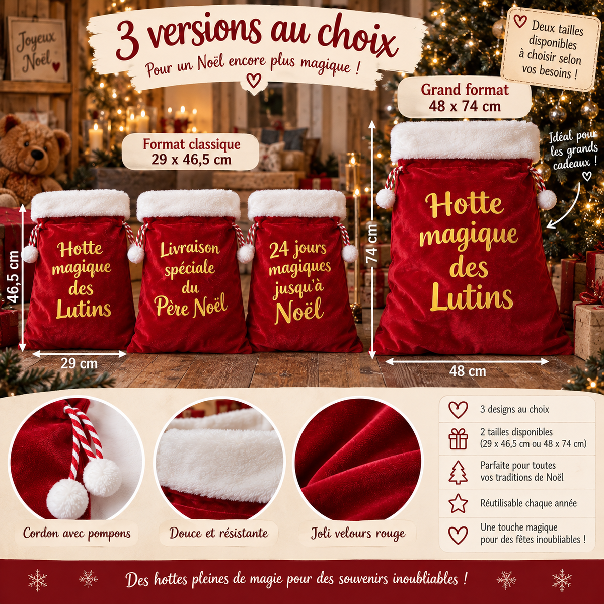 Hotte de Noël personnalisée - 3 versions au choix - PRÉCOMMANDE