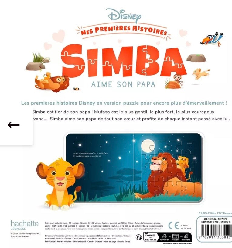 DISNEY - Mes premières histoires - Simba aime son Papa - 5 grands puzzles - 16 pc